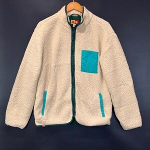 LEGO Jacket Women M Cream Sherpa Fleece Full Zip Teal Pocket Cozy Winter Outdoor